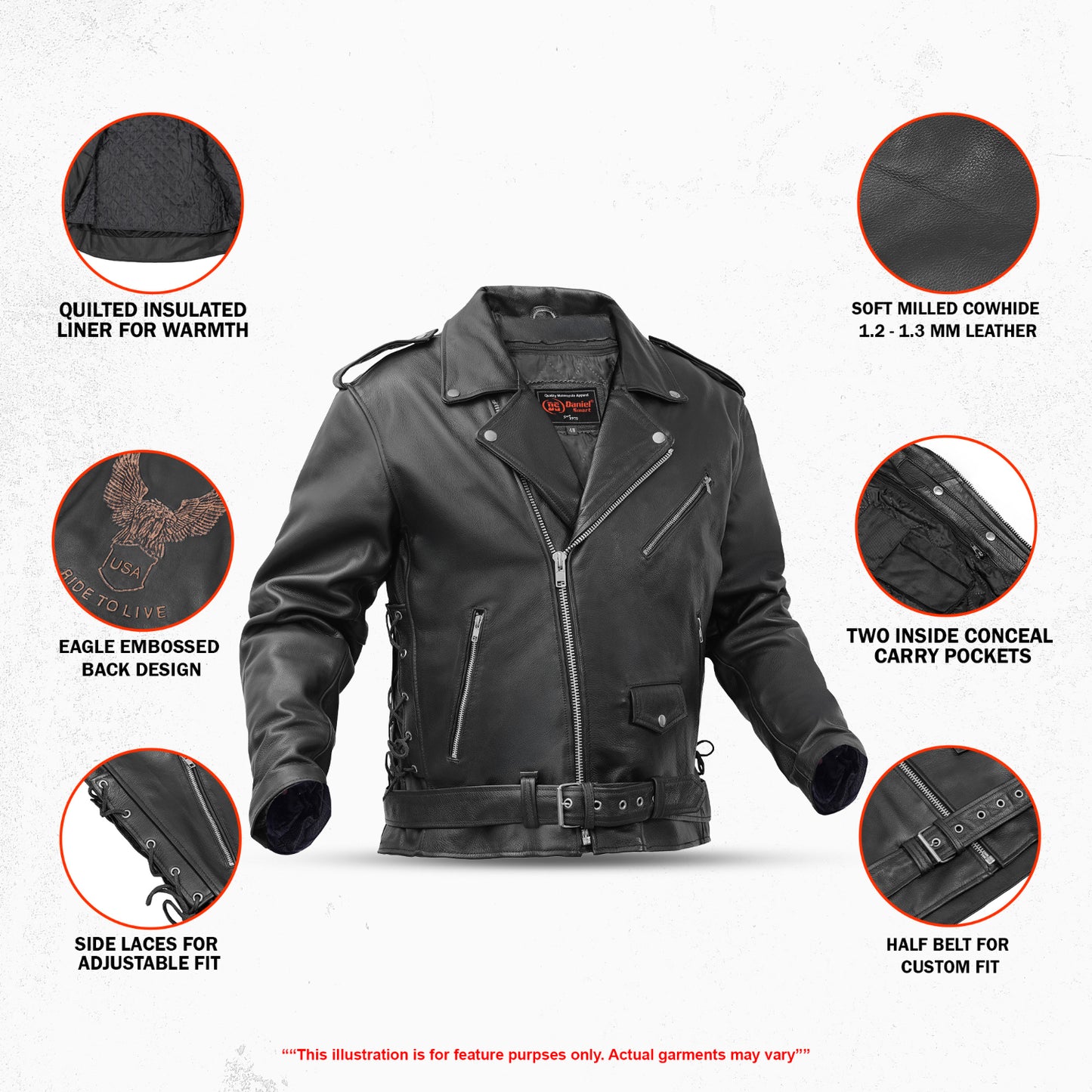 DS759 Men's Eagle Embossed Live To Ride - Ride To Live Classic Black