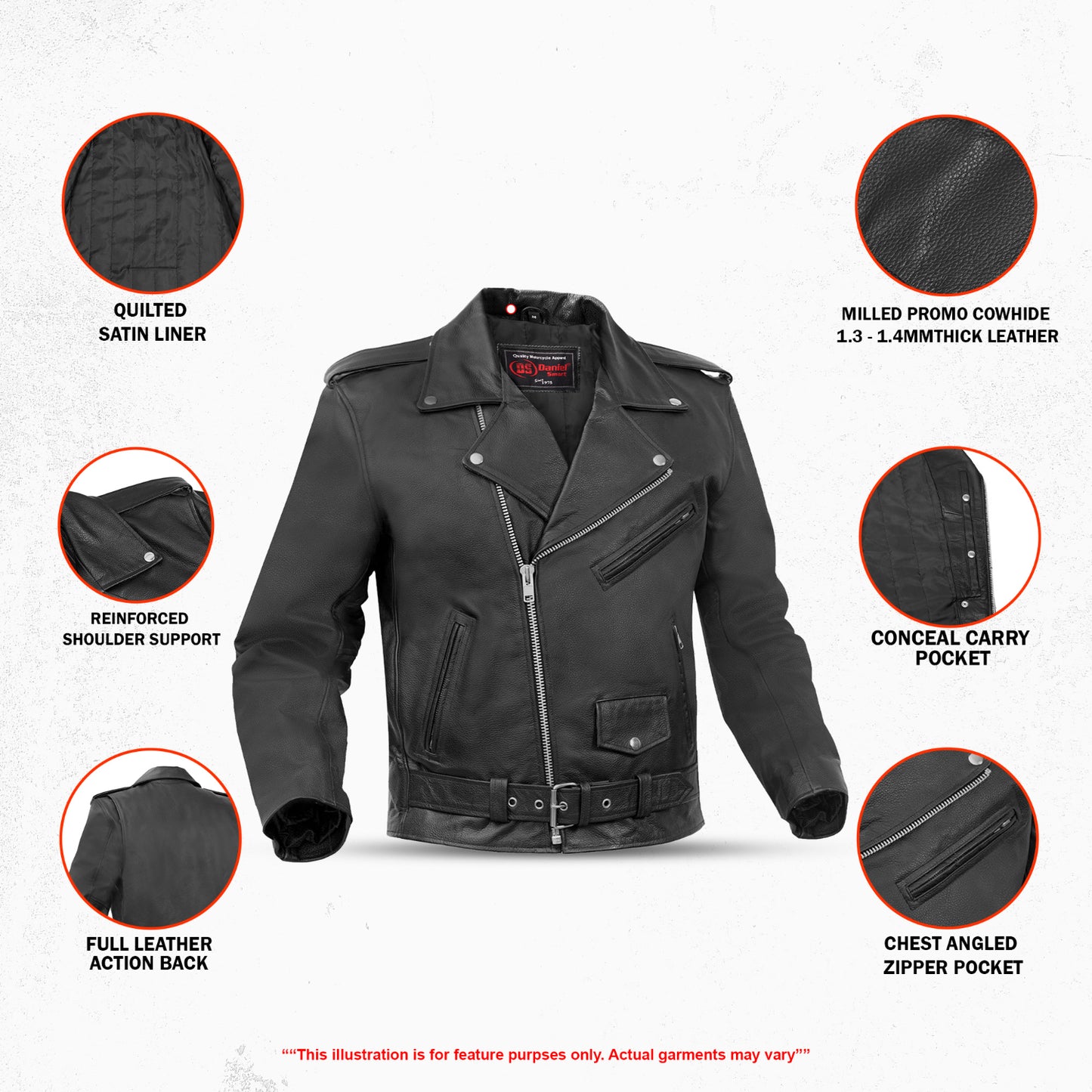 DS710 Economy Motorcycle Classic Biker Leather Jacket - Plain Sides