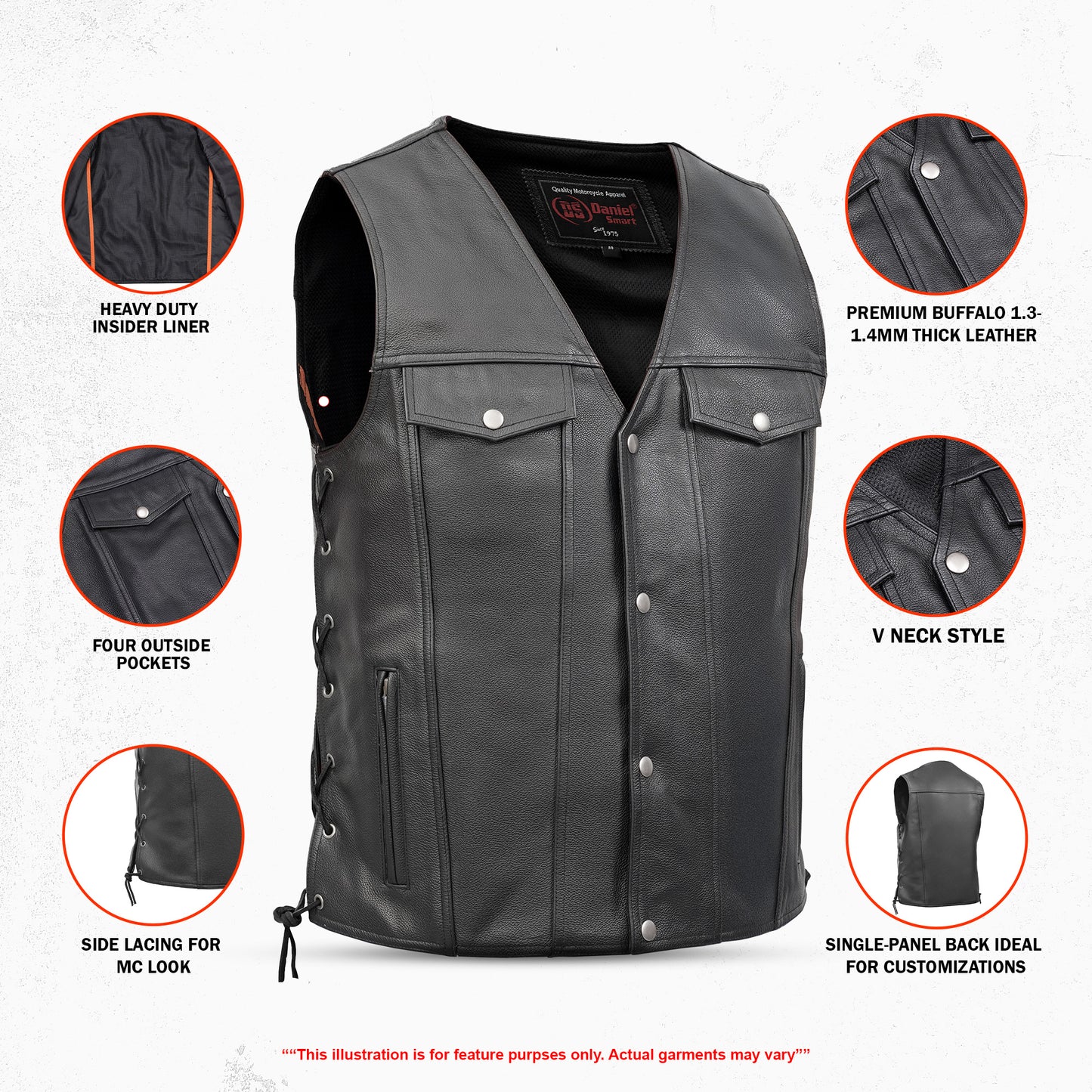 DS124 Men's Black Leather Vest with Side Laces and Gun Pockets