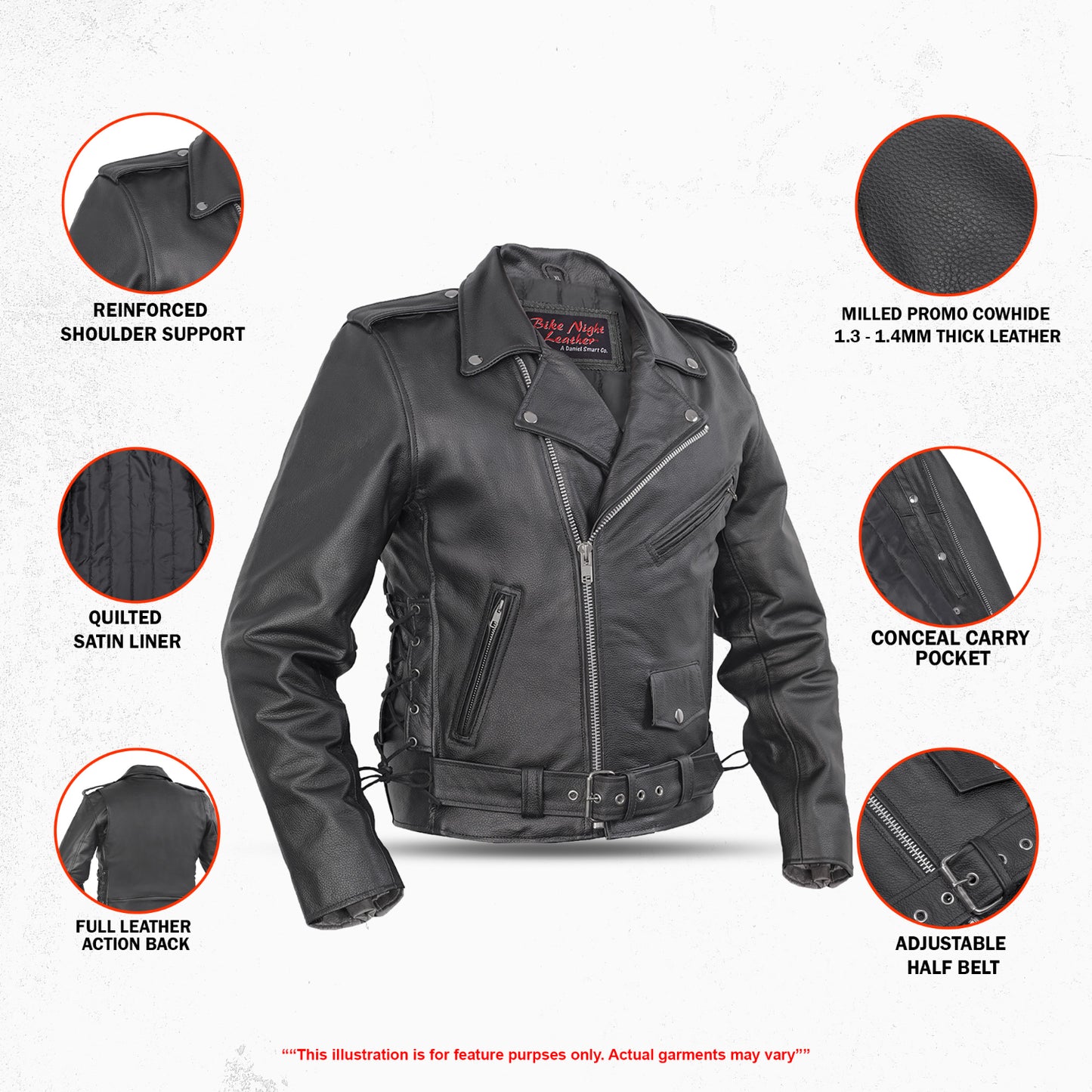 DS711 Economy Motorcycle Classic Biker Leather Jacket - Side Laces