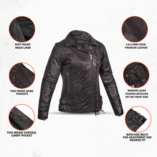 Black Pearl Women's Fashion Leather Jacket with Front Lace Accent