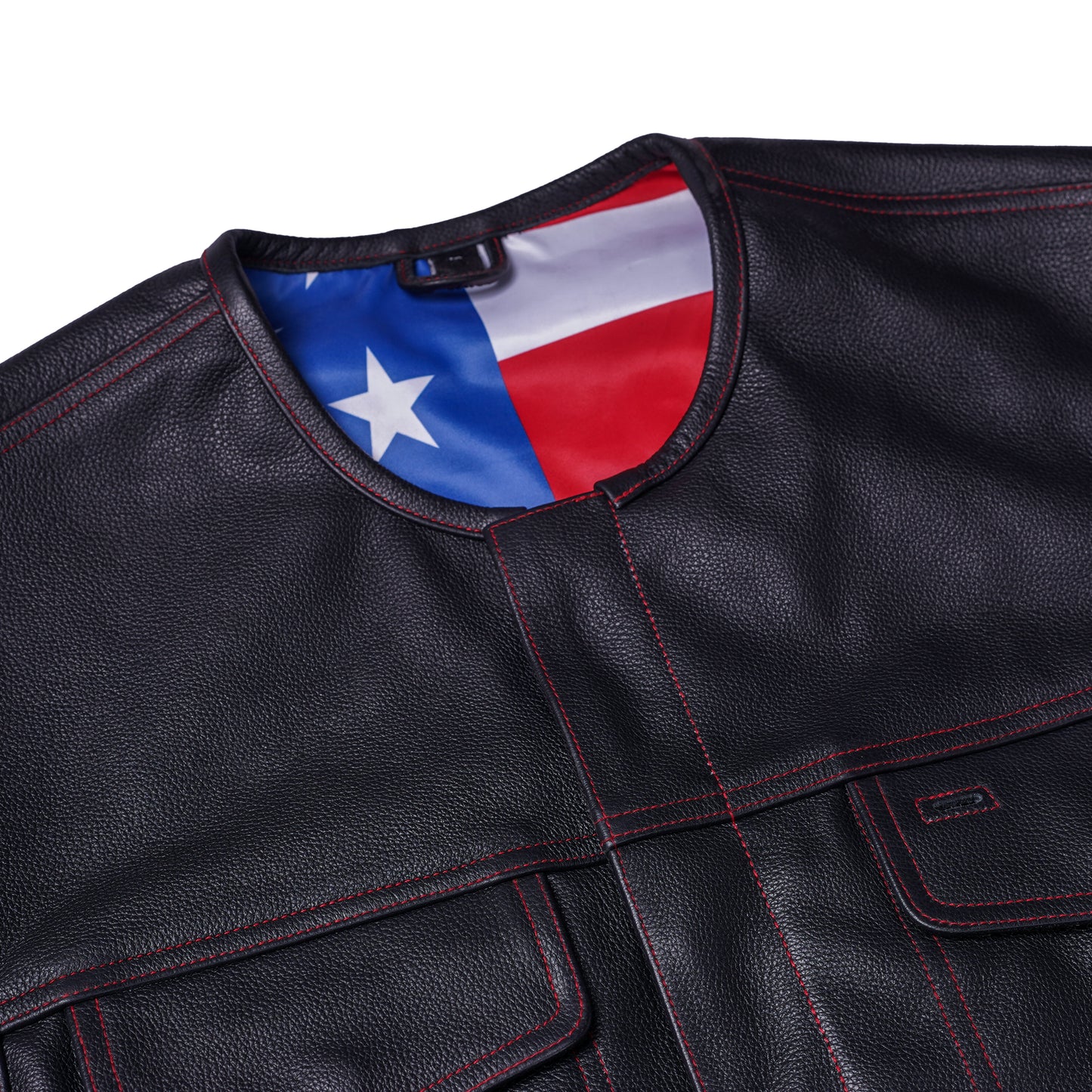 DS155 Men's Leather Vest with Red Stitching and USA Inside Flag Lining