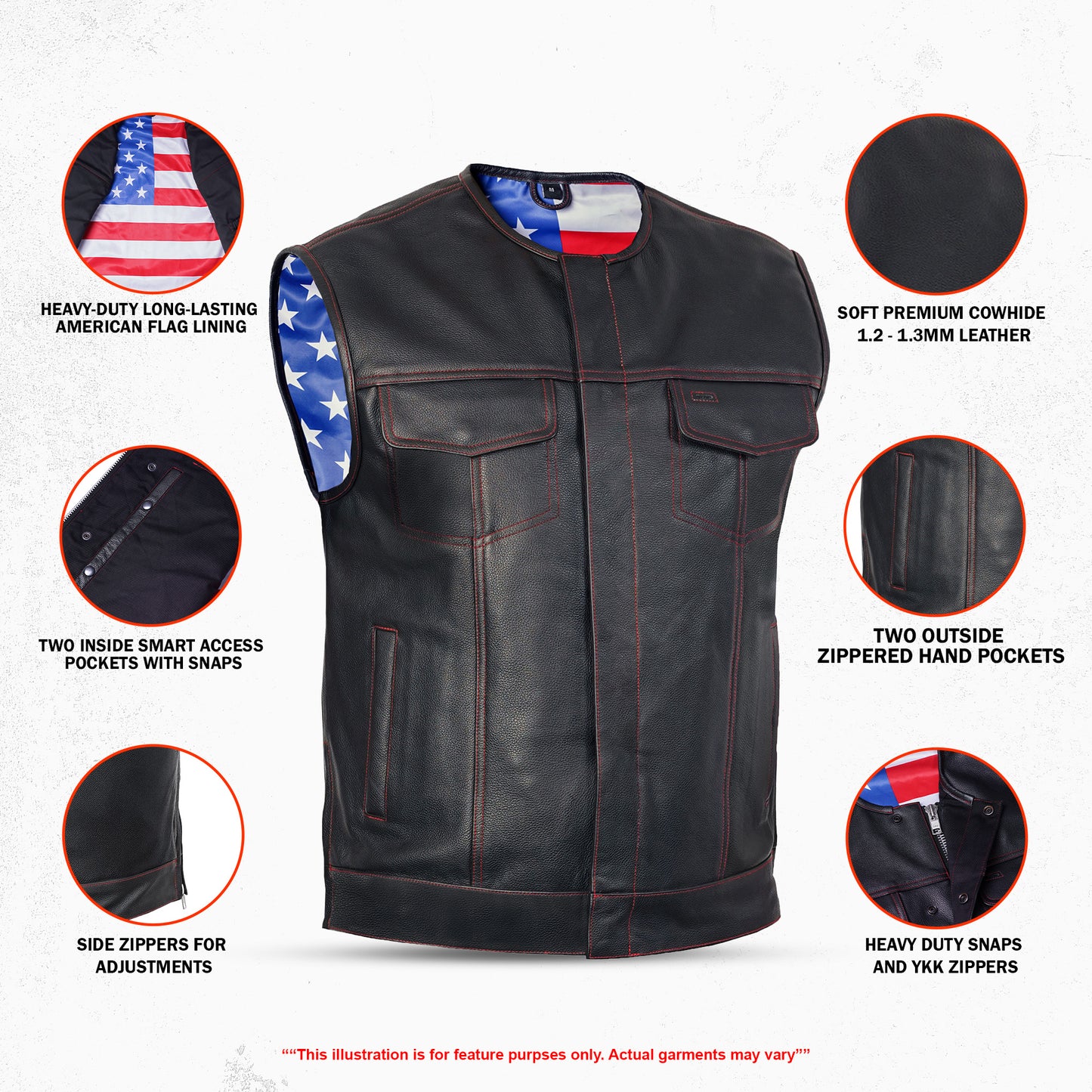 DS155 Men's Leather Vest with Red Stitching and USA Inside Flag Lining