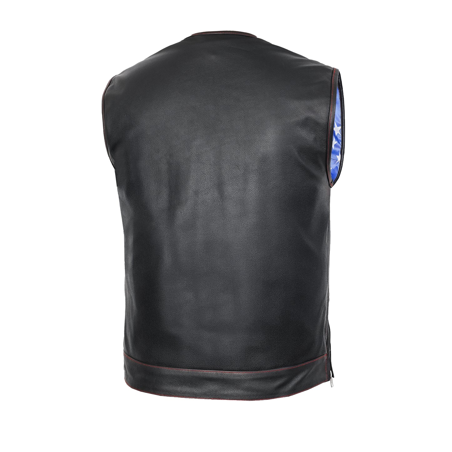 DS155 Men's Leather Vest with Red Stitching and USA Inside Flag Lining
