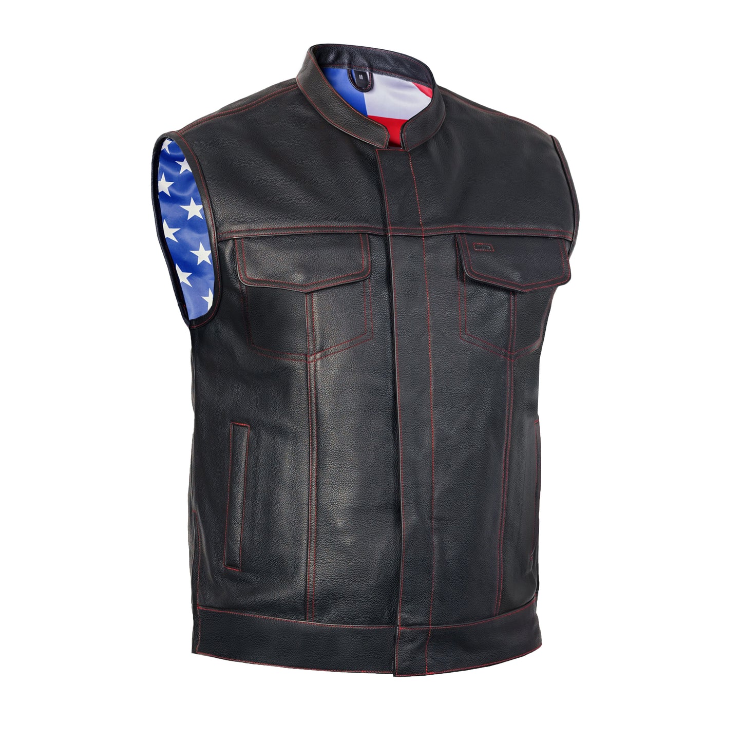 DS165 MEN'S LEATHER VEST WITH RED STITCHING AND USA INSIDE FLAG LININ