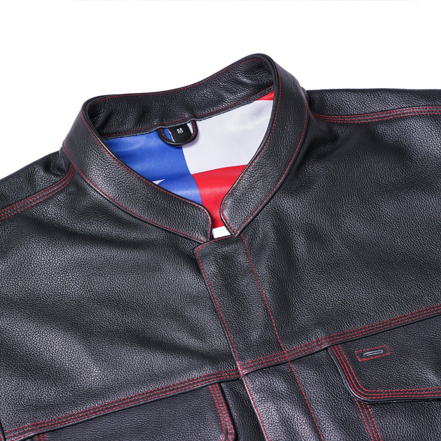 DS165 MEN'S LEATHER VEST WITH RED STITCHING AND USA INSIDE FLAG LININ