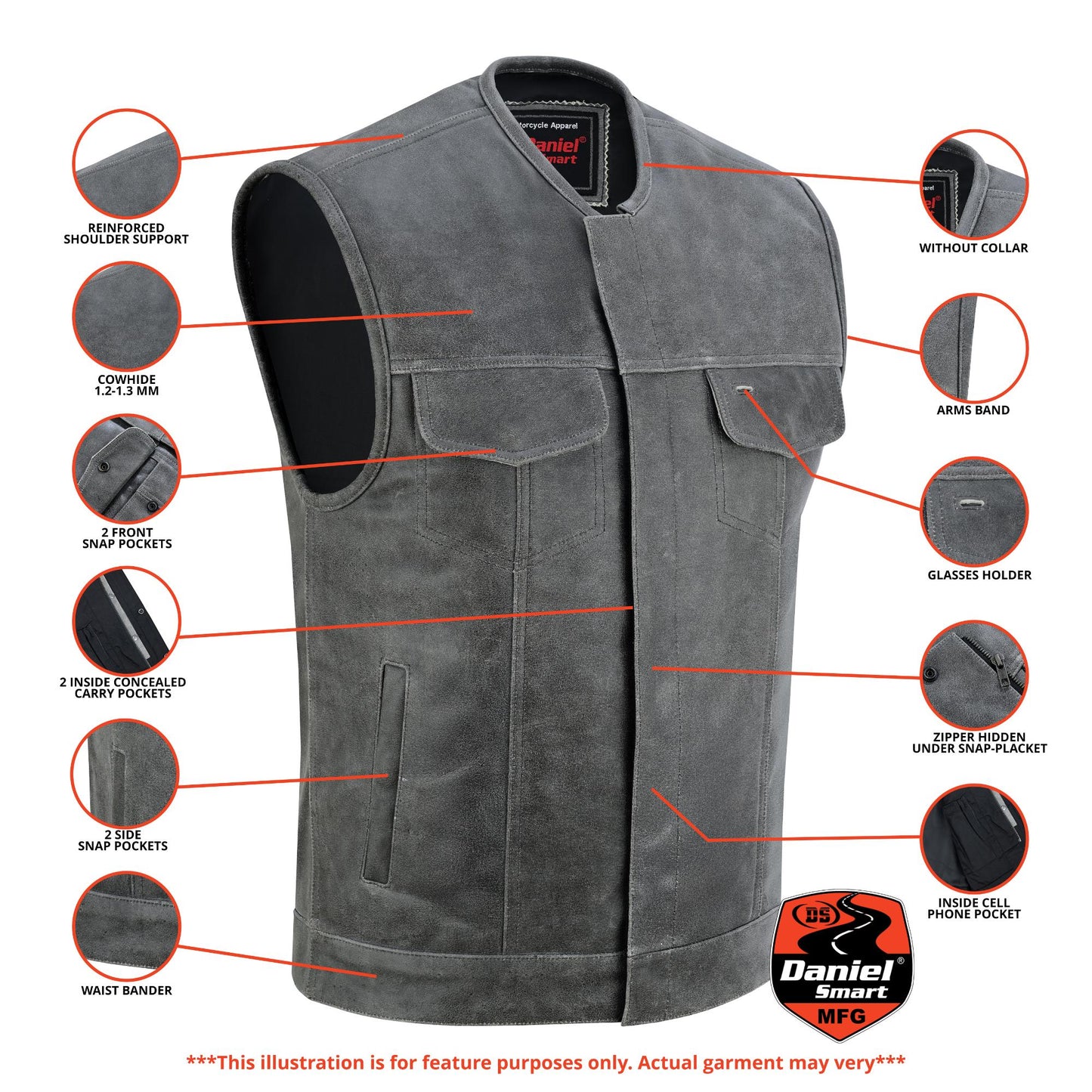 DS191V Concealed Snaps, Premium Naked Cowhide, Hidden Zipper, w/o Col