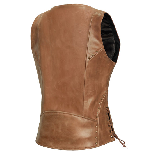 DS236 Women's Brown Zippered Vest with Lacing Details