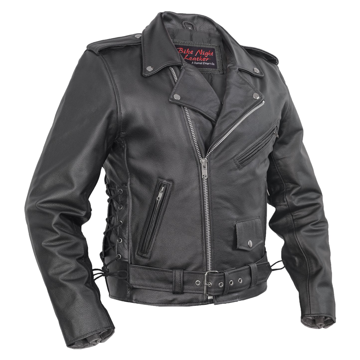 DS711 Economy Motorcycle Classic Biker Leather Jacket - Side Laces
