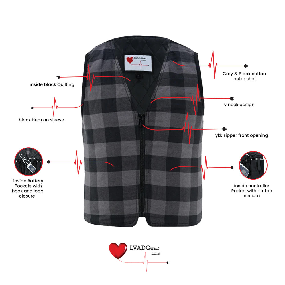 LVAD Flannel Vest Grey LVAD Gear