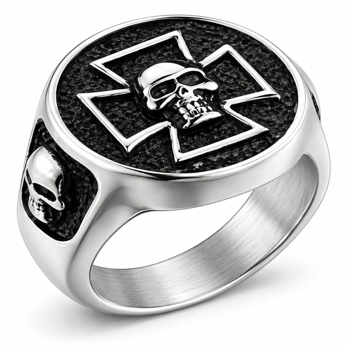 R121 Stainless Steel Iron Cross Skull Biker Ring