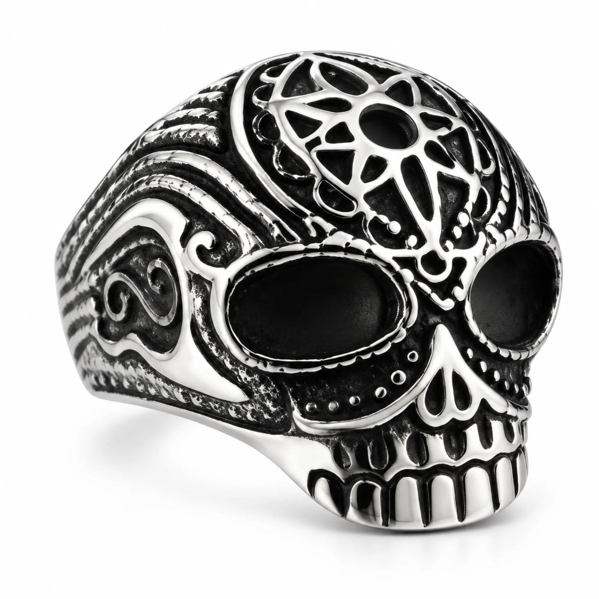 R186 Stainless Steel Flower Cane Skull Biker Ring