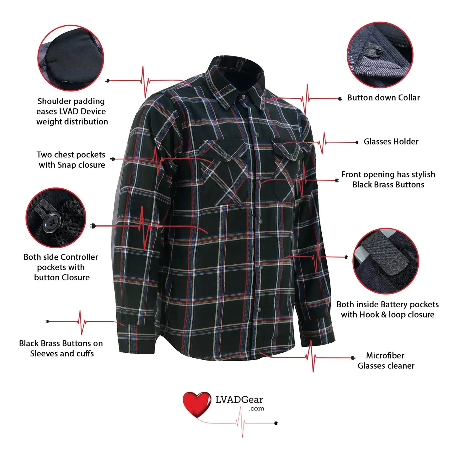 LVAD Men’s Flannel Shirt Black, Red & Blue LVAD Gear