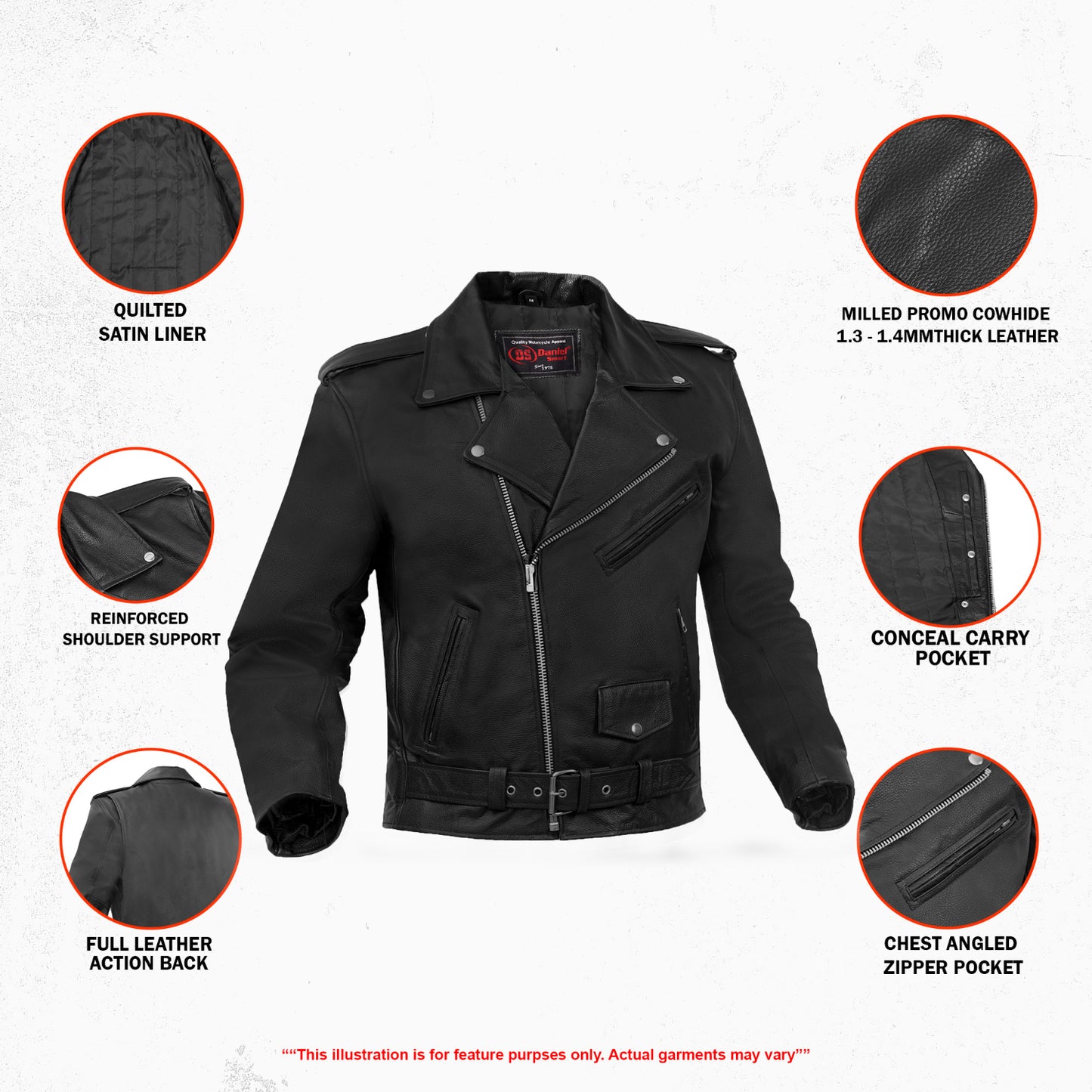 DS710 Economy Motorcycle Classic Biker Leather Jacket - Plain Sides
