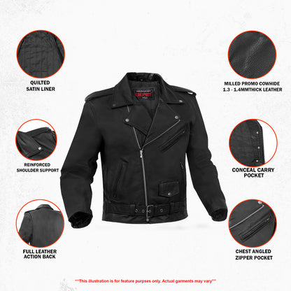 DS710 Economy Motorcycle Classic Biker Leather Jacket - Plain Sides