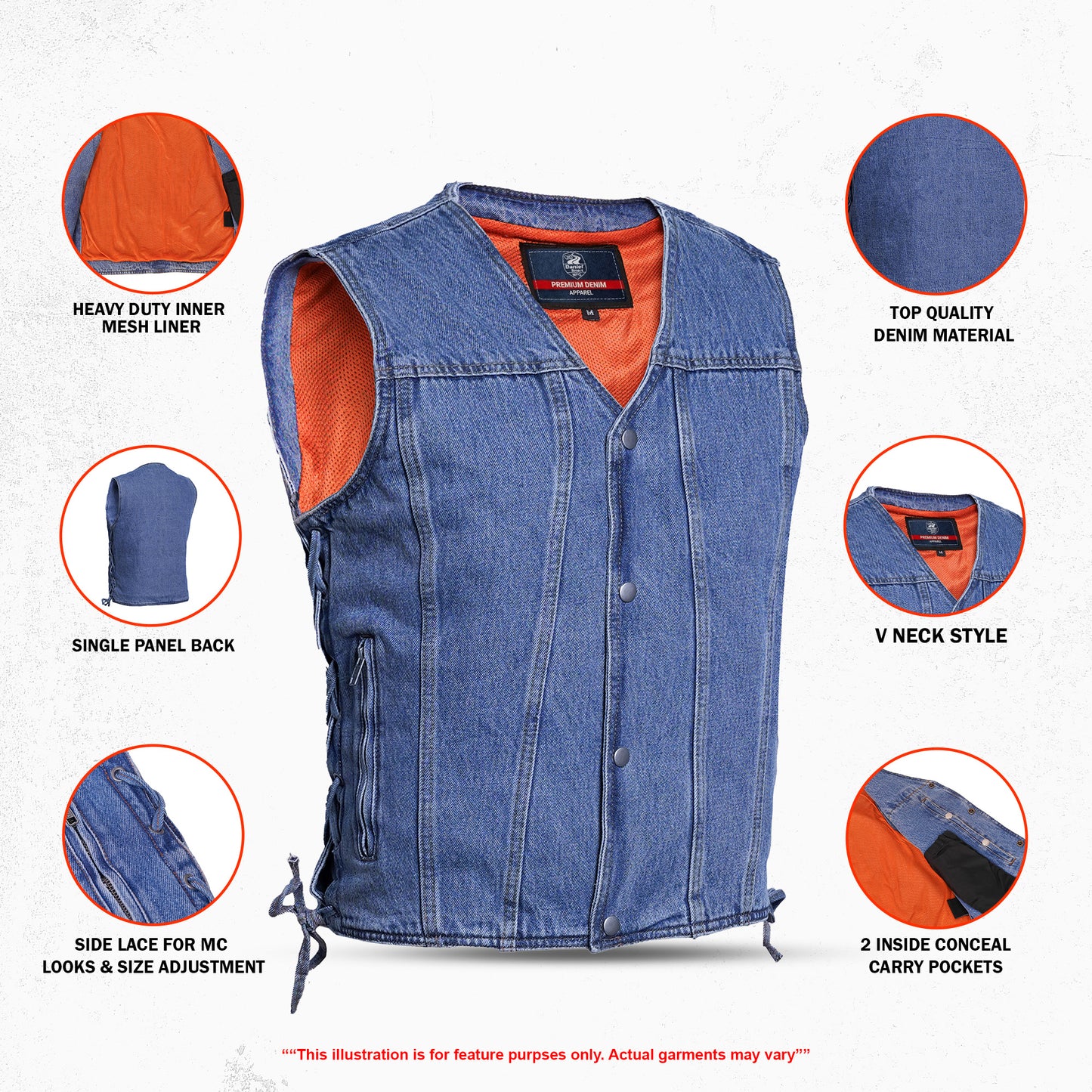 DM905BU    Men's Single Back Panel Concealed Carry Denim Vest