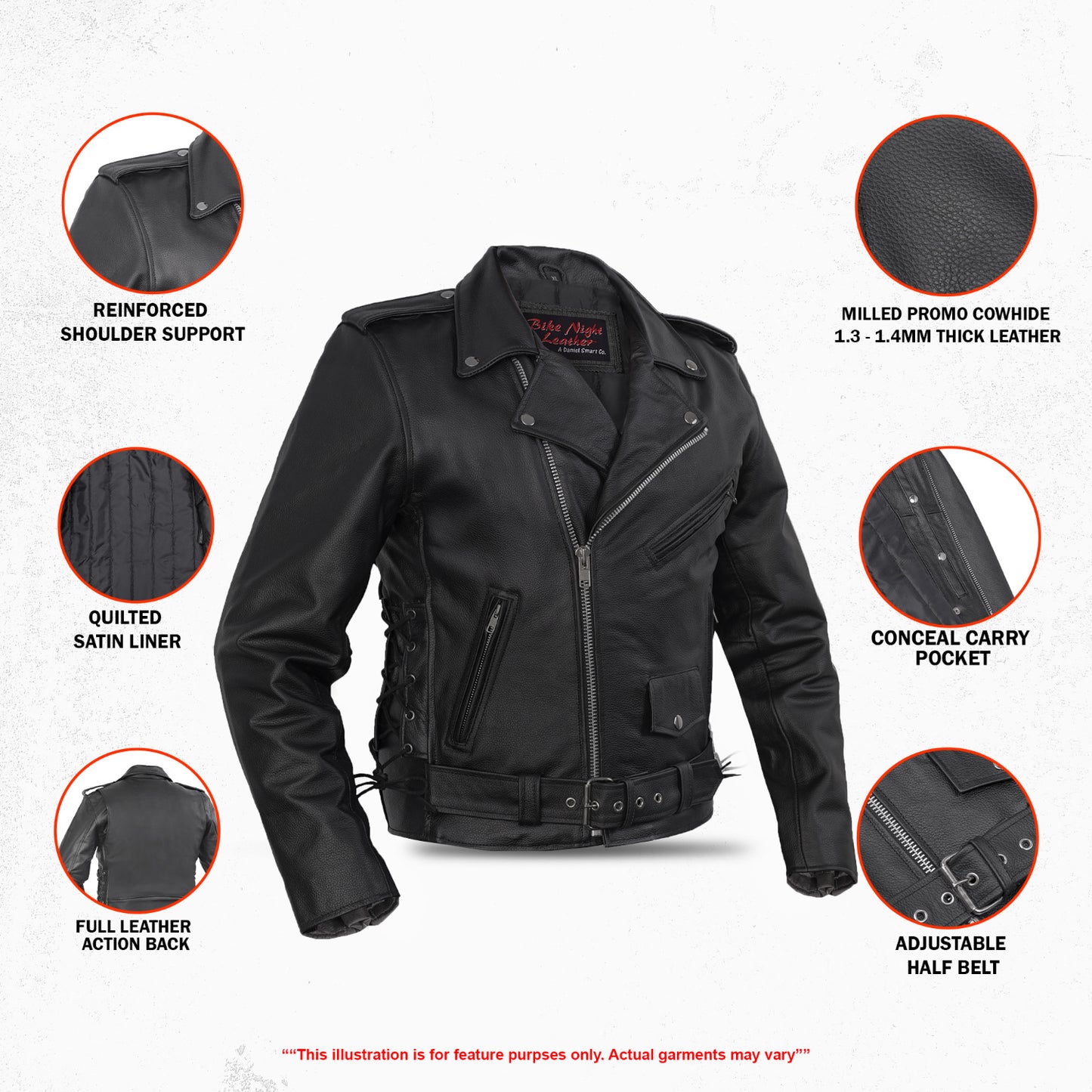 DS711 Economy Motorcycle Classic Biker Leather Jacket - Side Laces