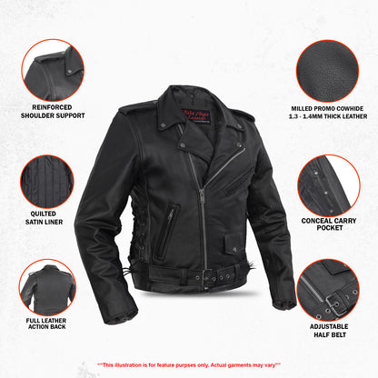 DS711 Economy Motorcycle Classic Biker Leather Jacket - Side Laces