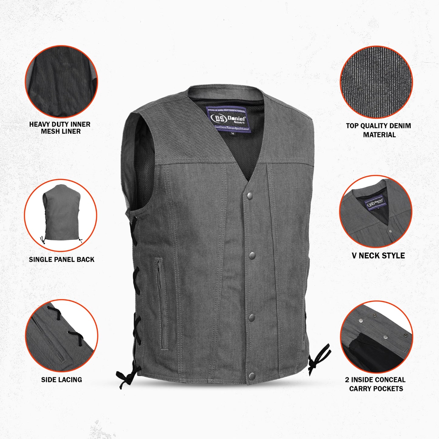 DM918 Men's Rough Rub-Off Raw Finish Broken Gray Denim Vest