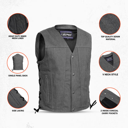 DM918 Men's Rough Rub-Off Raw Finish Broken Gray Denim Vest