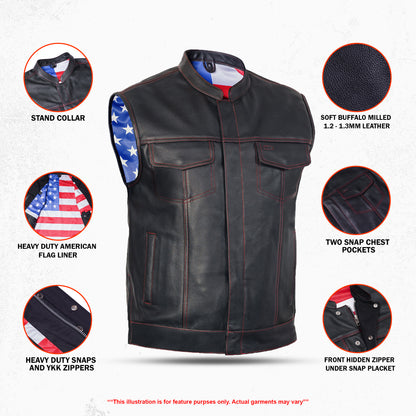 DS165 MEN'S LEATHER VEST WITH RED STITCHING AND USA INSIDE FLAG LININ