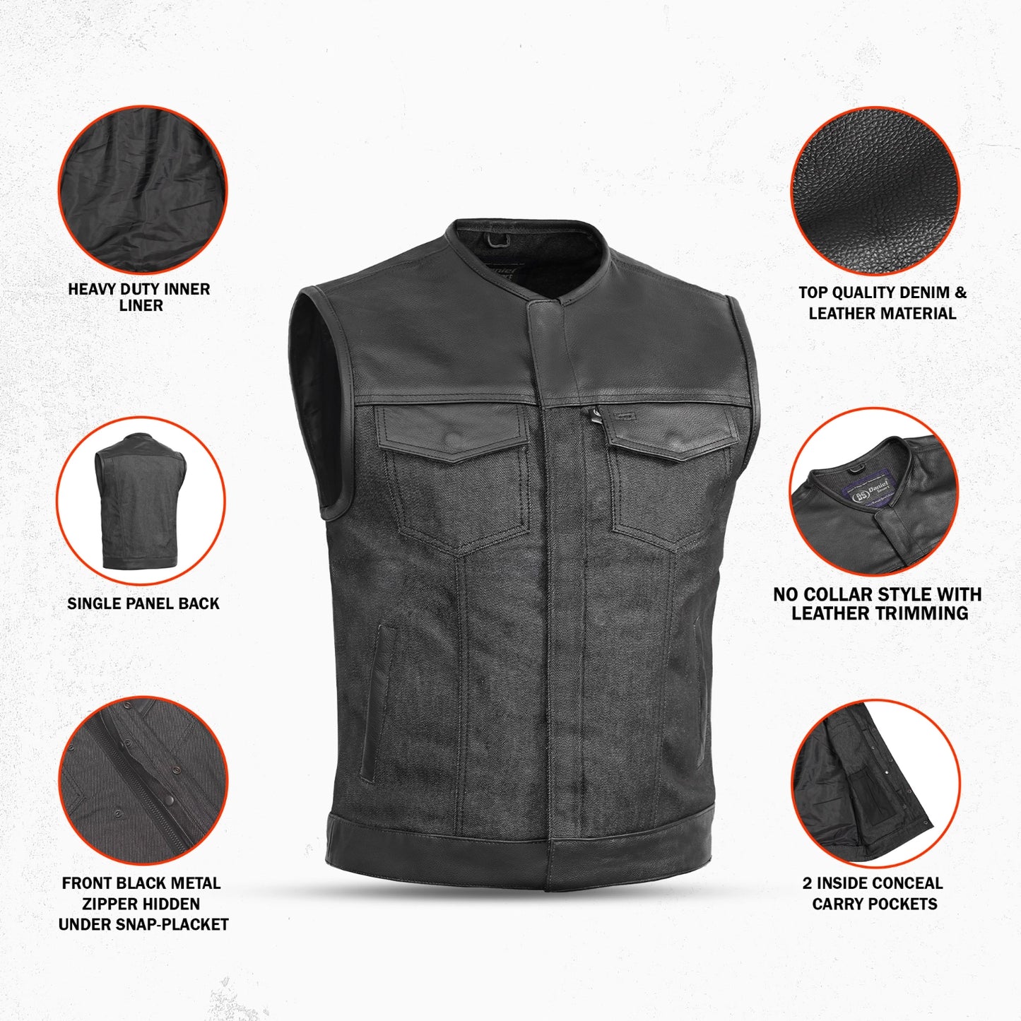 DM901   Men's Leather/Denim Combo Vest Without Collar
