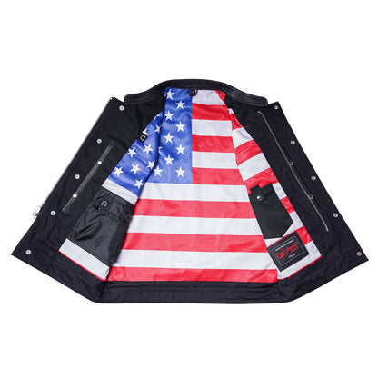 DS165 MEN'S LEATHER VEST WITH RED STITCHING AND USA INSIDE FLAG LININ