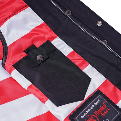 DS165 MEN'S LEATHER VEST WITH RED STITCHING AND USA INSIDE FLAG LININ