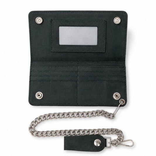 BWC238 Matte Black Biker Leather Wallet with Chain