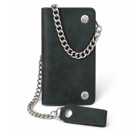 BWC238 Matte Black Biker Leather Wallet with Chain