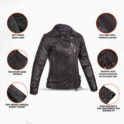 Black Pearl Women's Fashion Leather Jacket with Front Lace Accent