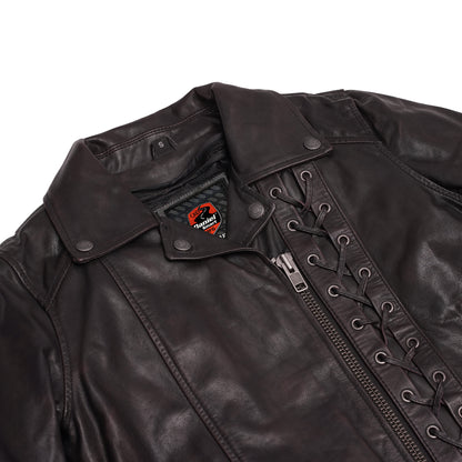 Black Pearl Women's Fashion Leather Jacket with Front Lace Accent