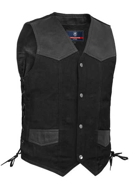 A black leather motorcycle vest with dark gray contrast panels on the shoulders, waist, and pockets, featuring a snap-button front closure and side lacing.