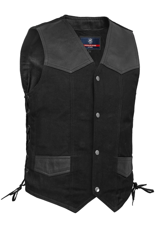 A black leather motorcycle vest with dark gray contrast panels on the shoulders, waist, and pockets, featuring a snap-button front closure and side lacing.