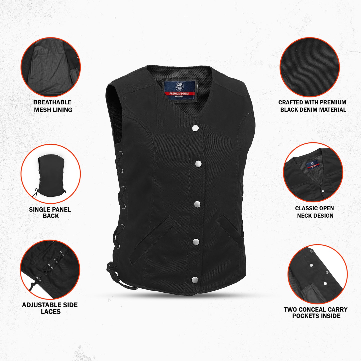 DM908  Women's Denim Longer Body &frac 34; Vest - Side Laces