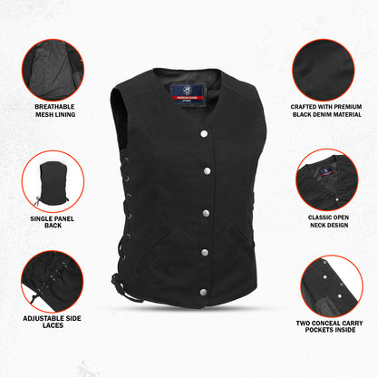 DM908  Women's Denim Longer Body &frac 34; Vest - Side Laces