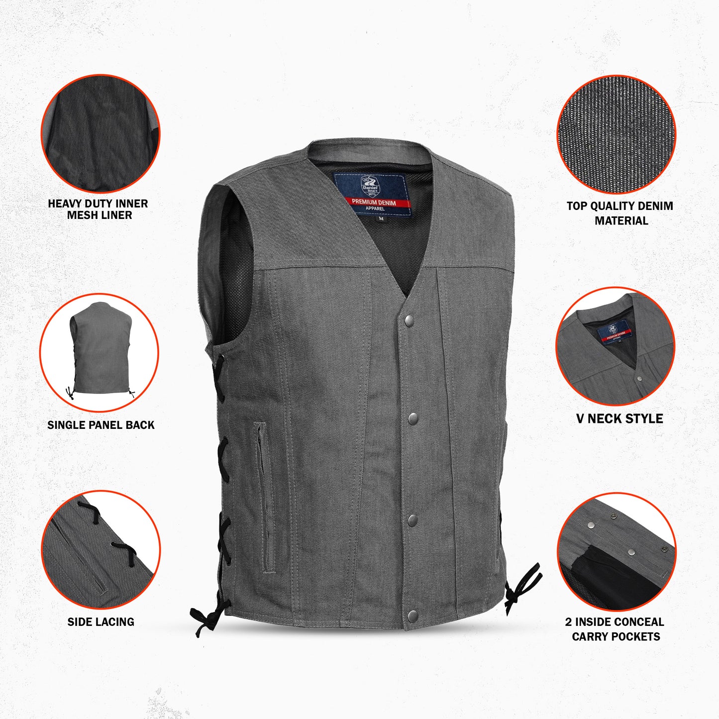 DM918 Men's Rough Rub-Off Raw Finish Broken Gray Denim Vest