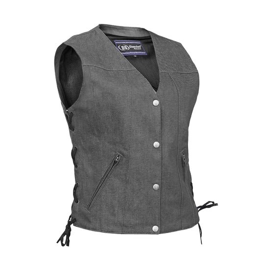 DM919 Women's Rough Rub-Off Raw Finish Broken Gray Denim Vest
