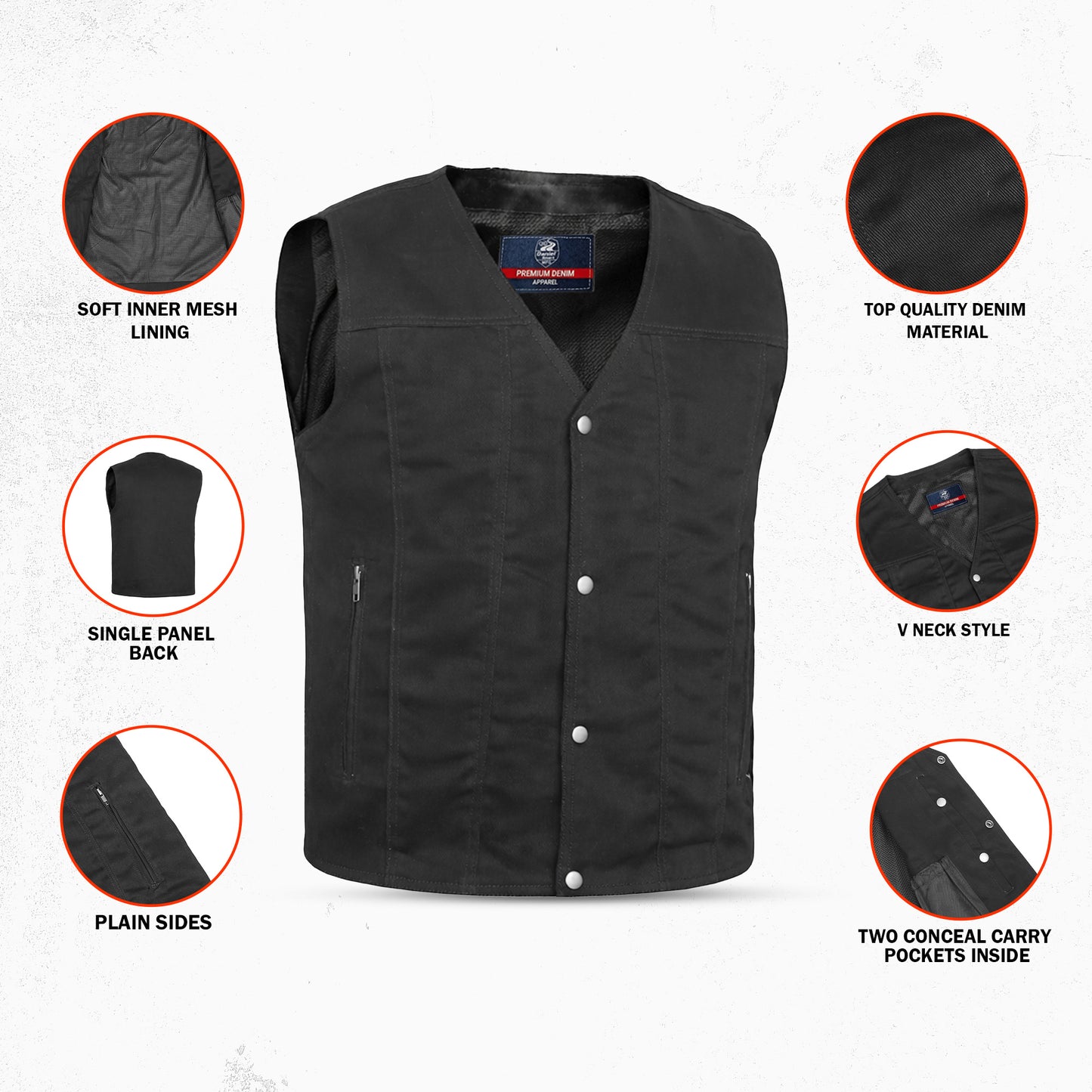 DM925BK Men's Single Back Panel Concealed Carry Denim Vest