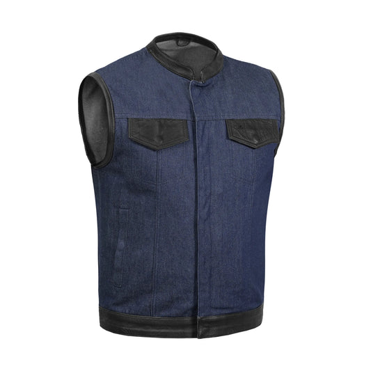 DM961 Men's Broken Blue RoughRub-Off Raw Finish Denim Vest W/Leather