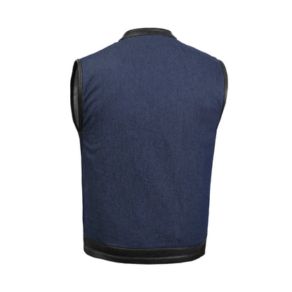 DM961 Men's Broken Blue RoughRub-Off Raw Finish Denim Vest W/Leather