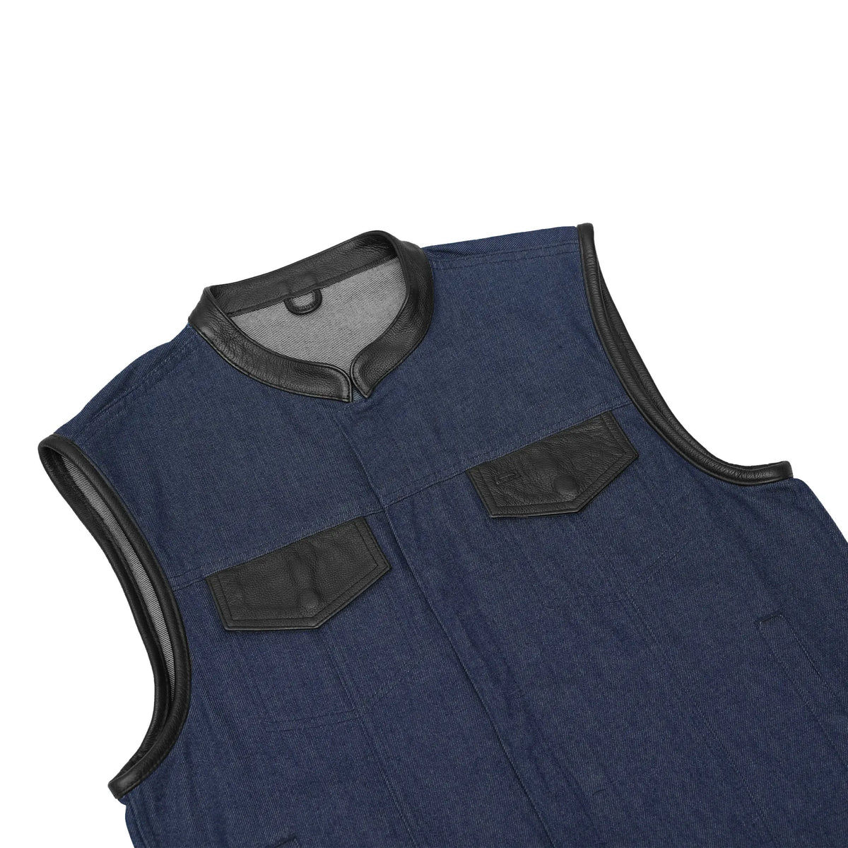 DM961 Men's Broken Blue RoughRub-Off Raw Finish Denim Vest W/Leather
