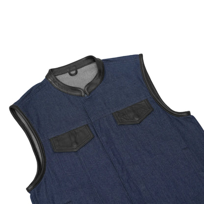 DM961 Men's Broken Blue RoughRub-Off Raw Finish Denim Vest W/Leather