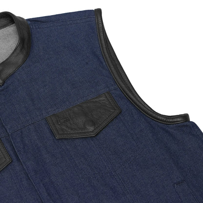 DM961 Men's Broken Blue RoughRub-Off Raw Finish Denim Vest W/Leather