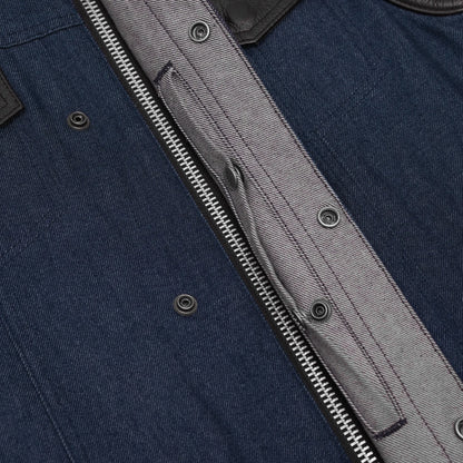 DM961 Men's Broken Blue RoughRub-Off Raw Finish Denim Vest W/Leather