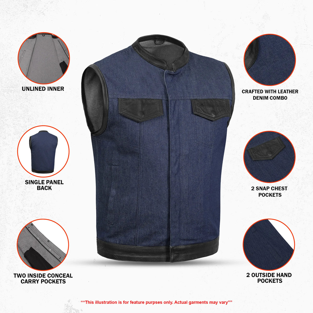 DM961 Men's Broken Blue RoughRub-Off Raw Finish Denim Vest W/Leather