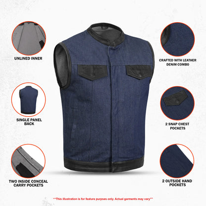 DM961 Men's Broken Blue RoughRub-Off Raw Finish Denim Vest W/Leather