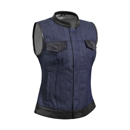 DM964 Women's Broken Blue Rough Rub-Off Raw Finish Denim Vest W/Leather Trim