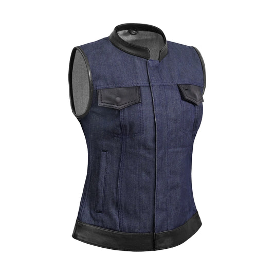 DM964 Women's Broken Blue Rough Rub-Off Raw Finish Denim Vest W/Leather Trim