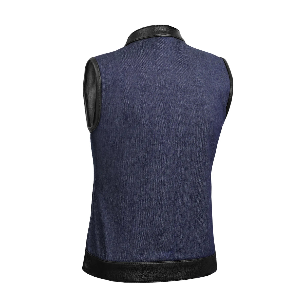 DM964 Women's Broken Blue Rough Rub-Off Raw Finish Denim Vest W/Leather Trim